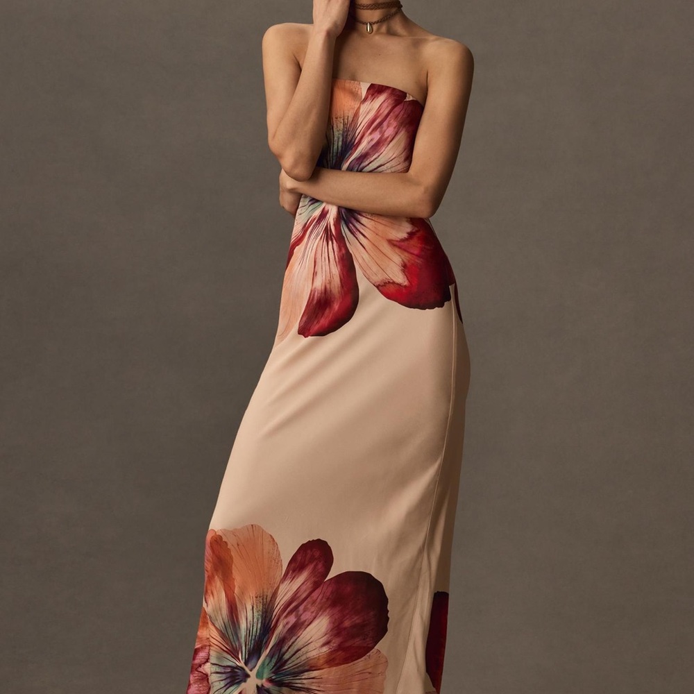 BY ANTHROPOLOGIE STRAPLESS SATIN MAXI SLIP DRESS.